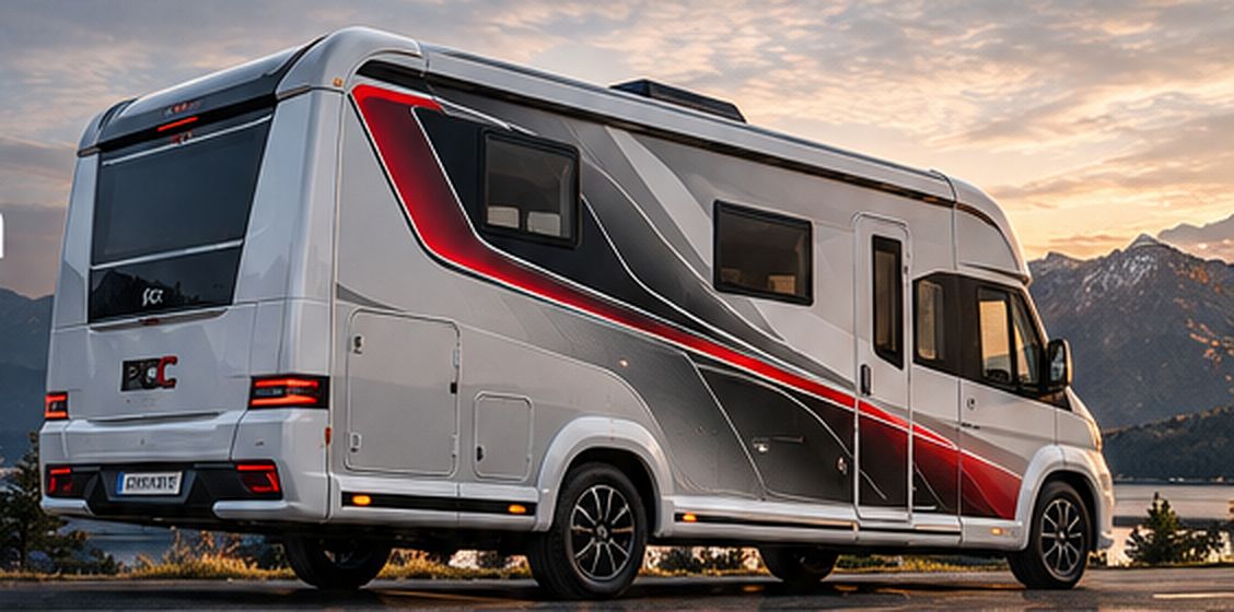 Reisemobil mit rot-grauem Verlaufsdekor und PCC-Emblem vor Bergkulisse (KI-Visualisierung)