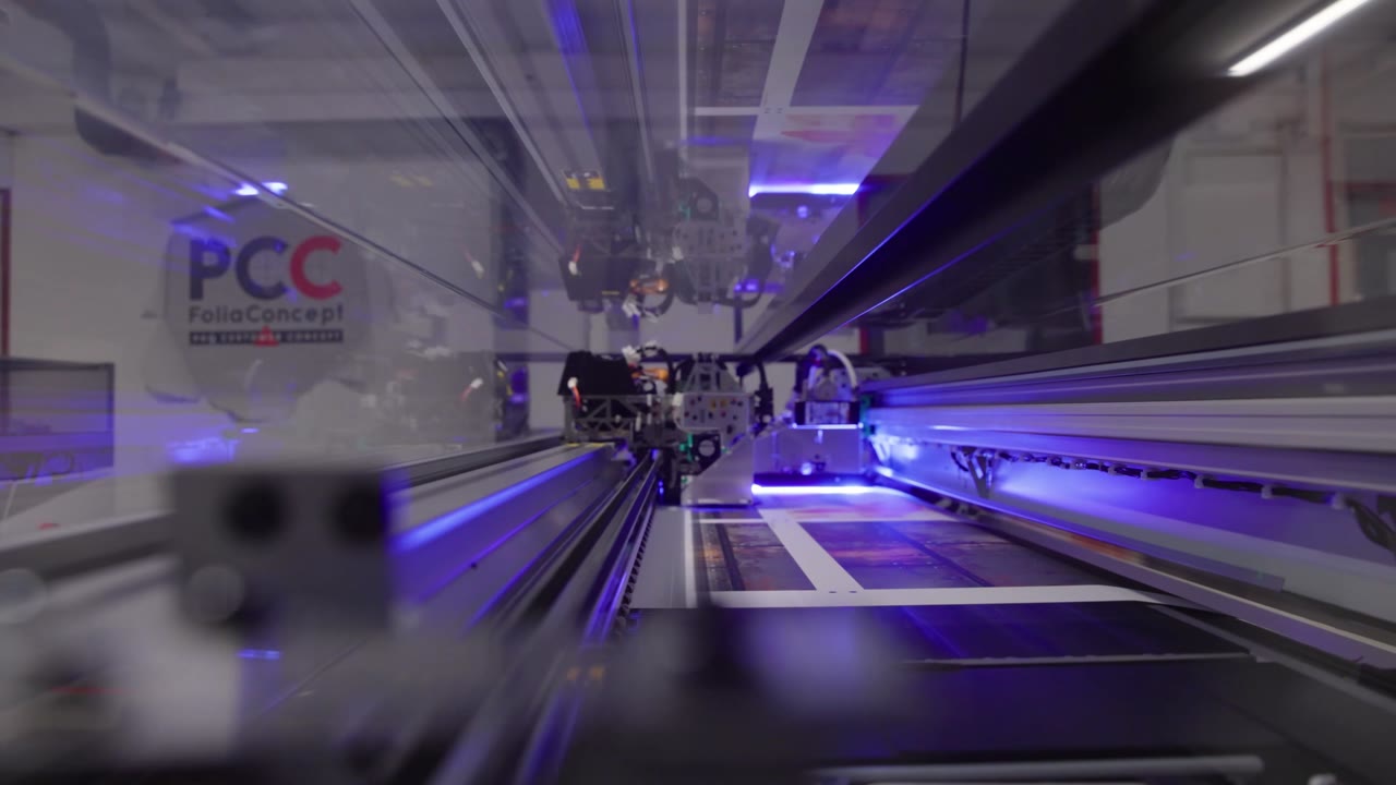 Digitaldrucker mit PCC-Logo im violetten UV-Licht