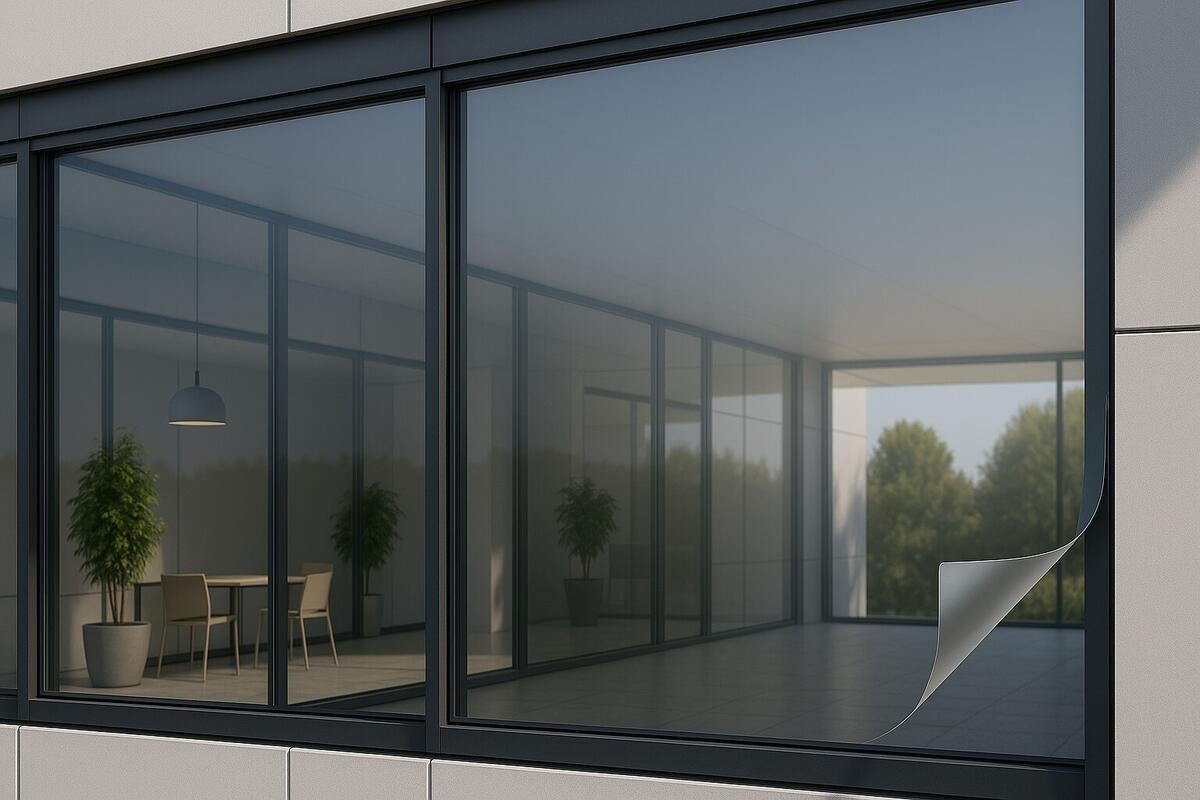 Fensterfront mit angehobener Ecke einer transparenten Sicherheitsfolie