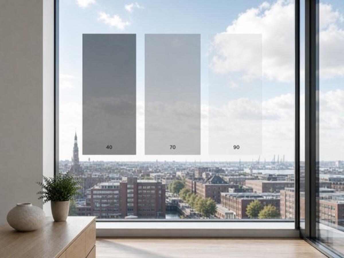 Drei Sonnenschutzfolien im Vergleich an einer Fensterfront mit Stadtblick